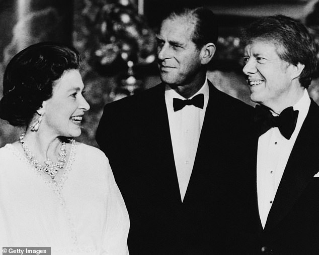 Queen Elizabeth II and Prince Philip with President Jimmy Carter in the Blue Drawing Room at Buckingham Palace, in May 1977