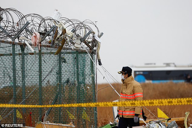 An emergency worker looks at the wreckage of Saturday's plane crash