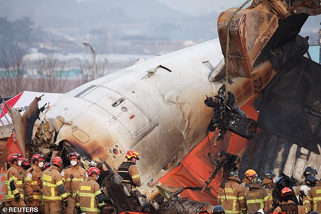 Firefighters use an excavator to lift burnt seats from the wreckage of the aircraft