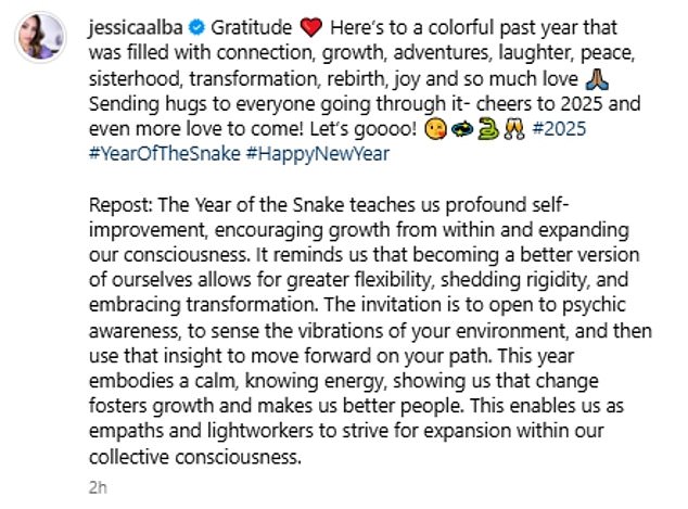 In her caption she wrote: 'Gratitude ❤️ Here’s to a colorful past year that was filled with connection, growth, adventures, laughter, peace, sisterhood, transformation, rebirth, joy and so much love. 'Sending hugs to everyone going through it- cheers to 2025 and even more love to come! Let’s goooo!'