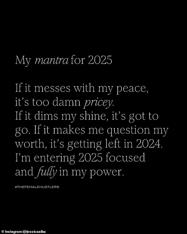 She then included this quote: 'My mantra for 2025: If it messes with my peace, it's too damn pricey. If it dims my shine, it's got to go. If it makes me question my worth, it's getting left in 2024. I'm entering 2025 focused and fully in my power'