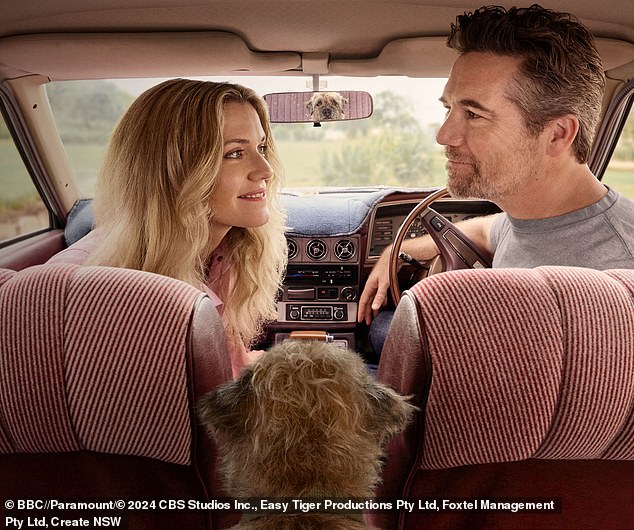 Colin From Accounts. Pictured left to right: Ashley portrayed by Harriet Dyer, Colin the dog and Gordon portrayed as Patrick Brammall