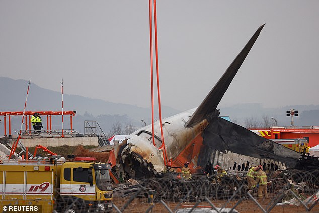 People stand as the wreckage of an aircraft lying on the ground after it went off the runway and crashed at Muan International Airport is pictured, in Muan, South Korea, December 30