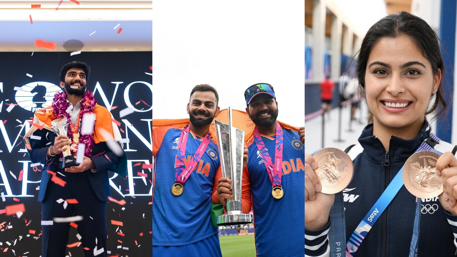 (From L) D Gukesh, India's T20 World Cup 2024 triumph and Manu Bhaker. 