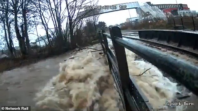 The railway line at Gynack Burn at Kingussie in the Highlands was closed today due to flooding