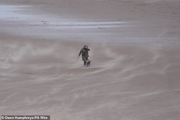 Sand is whipped up by the wind on Tynemouth Longsands beach in North Tyneside today