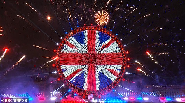 The fireworks included a projection of the Union Jack on to the London Eye, as well as red, white and blue sparks