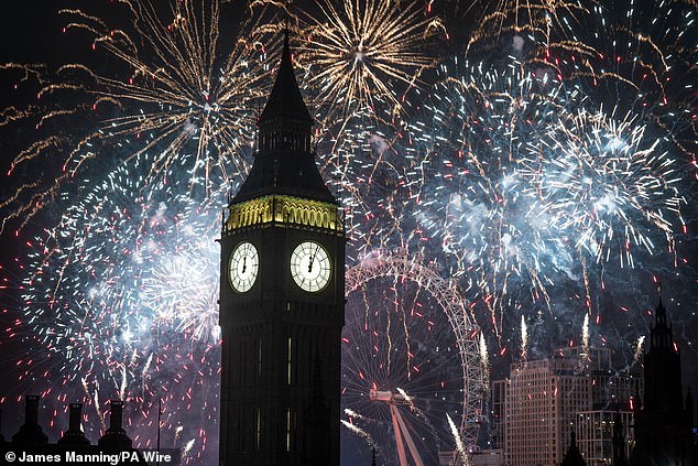 Fireworks light up the sky over Elizabeth Tower, also known as Big Ben