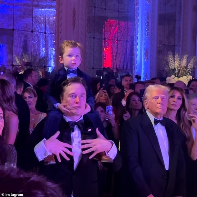 Elon Musk with X (left) stand alongside President-elect Donald Trump and Melania Trump (right) during Tuesday night's New Year's Eve party at Mar-a-Lago