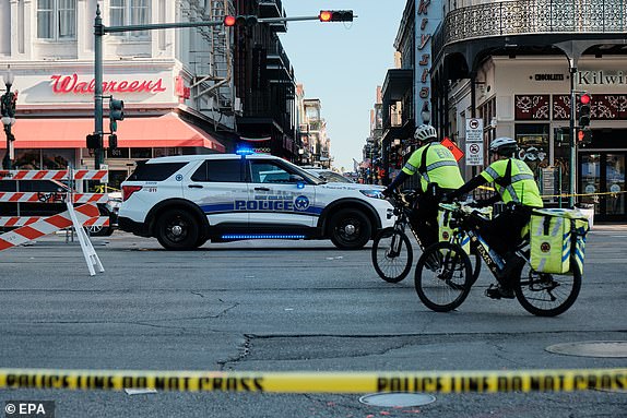 epa11802492 Paramedics patrol downtown near the scene of the car ramming in New Orleans, Louisiana, USA, 02 January 2025. At least 15 people are dead and 35 injured after the driver of a white pickup truck slammed into a crowd of people on Bourbon Street on 01 January 2025 and then opened fire with a gun. The FBI identified the driver as Shamsud-Din Jabbar, a US citizen from Texas and Army veteran. He was killed in a shootout with police.  EPA/DAN ANDERSON