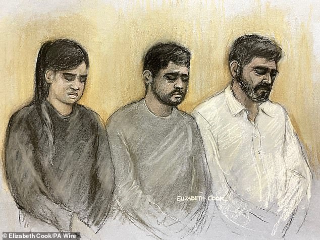 A court artist sketch of Sara's stepmother Beinash Batool, uncle Faisal Malik and father Urfan Sharif appearing for sentencing