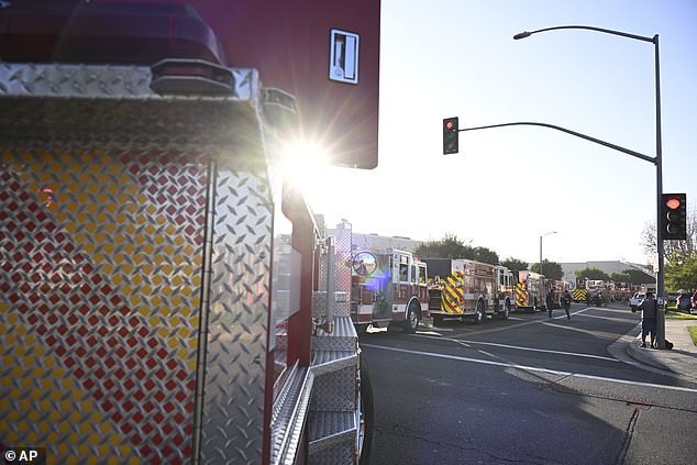 Emergency vehicles are lined up near the site of the plane crash on Thursday