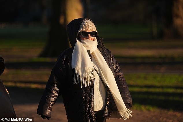 A person braves the cold walking through Green Park on a very chilly day in London on Friday