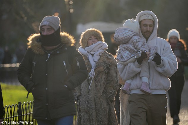 People brave the cold as they walk through St James's Park in London on Friday morning