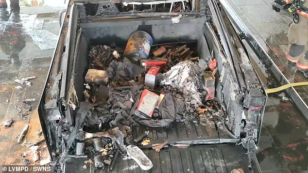 The contents of the Cybertruck's tray, where the bomb was stored and detonated