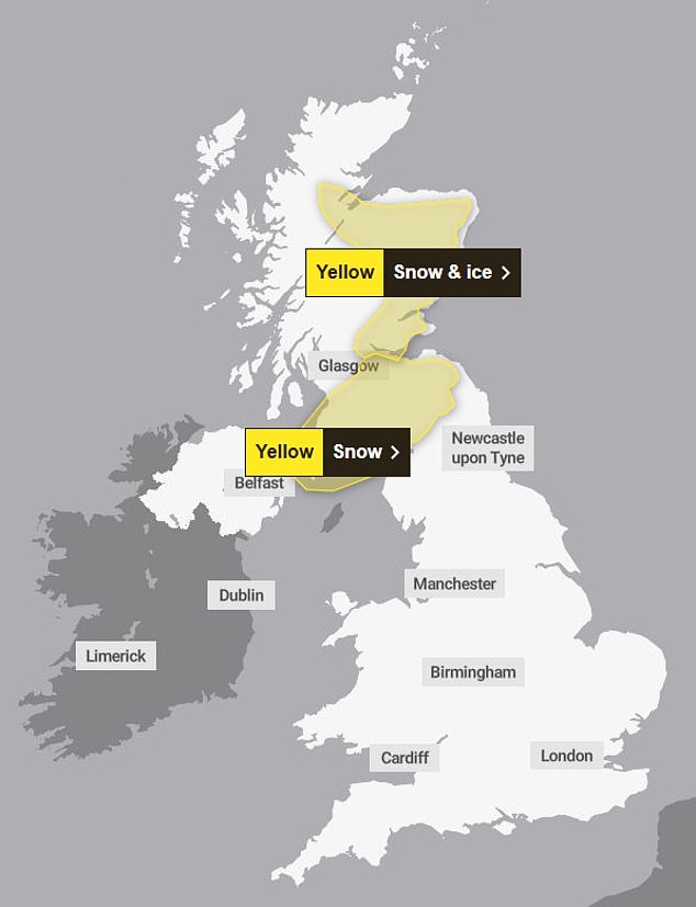 On Monday however, the snow is expected to die down with there only being two yellow warnings in place