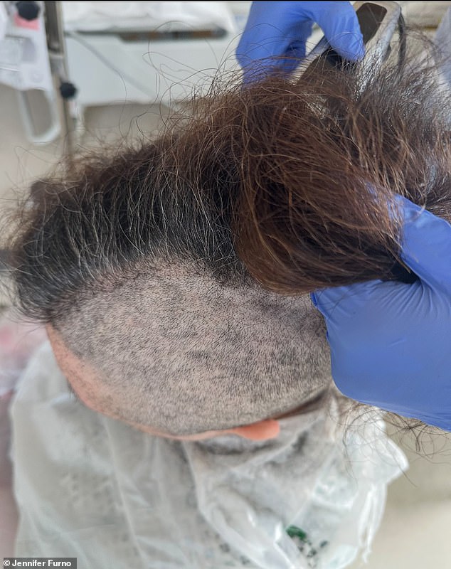 Blood cancer sufferer Jennifer Furno is pictured having her head shave on the day she received a bone marrow transplant in July this year after finding a donor through the Anthony Nolan Trust