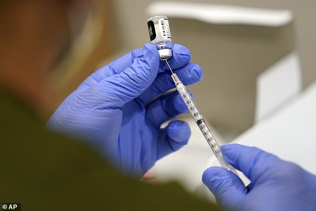 Pictured: A syringe is filled with the Pfizer Covid vaccine in October 2021