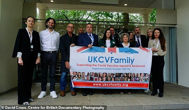 Charlet Crichton (centre) is pictured with fellow UKCVFamily charity campaigners at Dorland House in Paddington, central London - others seen include solicitor Terry Wilcox and barristers Anna Morris KC, Christian Weaver KC and Mark Bradley KC