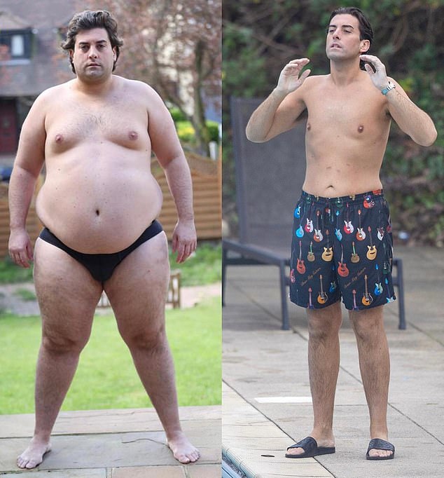 James Argent reached 27 stone during lockdown (L), before losing nearly 14 stone when he overhauled his lifestyle and underwent a sleeve gastrectomy procedure (pictured R in 2022)