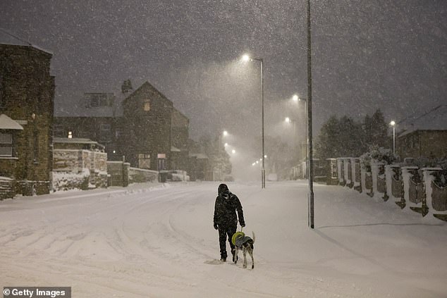 A person walks their dog along a snow covered road in Bradford this morning