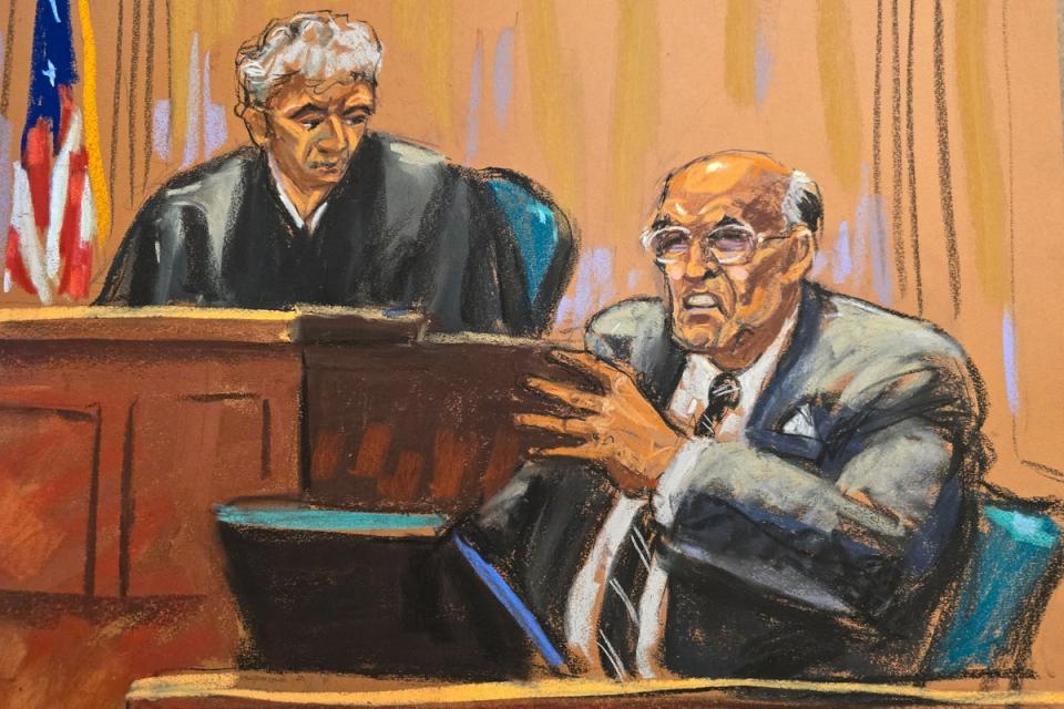 Giuliani testifying next to Liman in his contempt hearing on January 3 in Manhattan federal court (REUTERS / Jane Rosenberg)