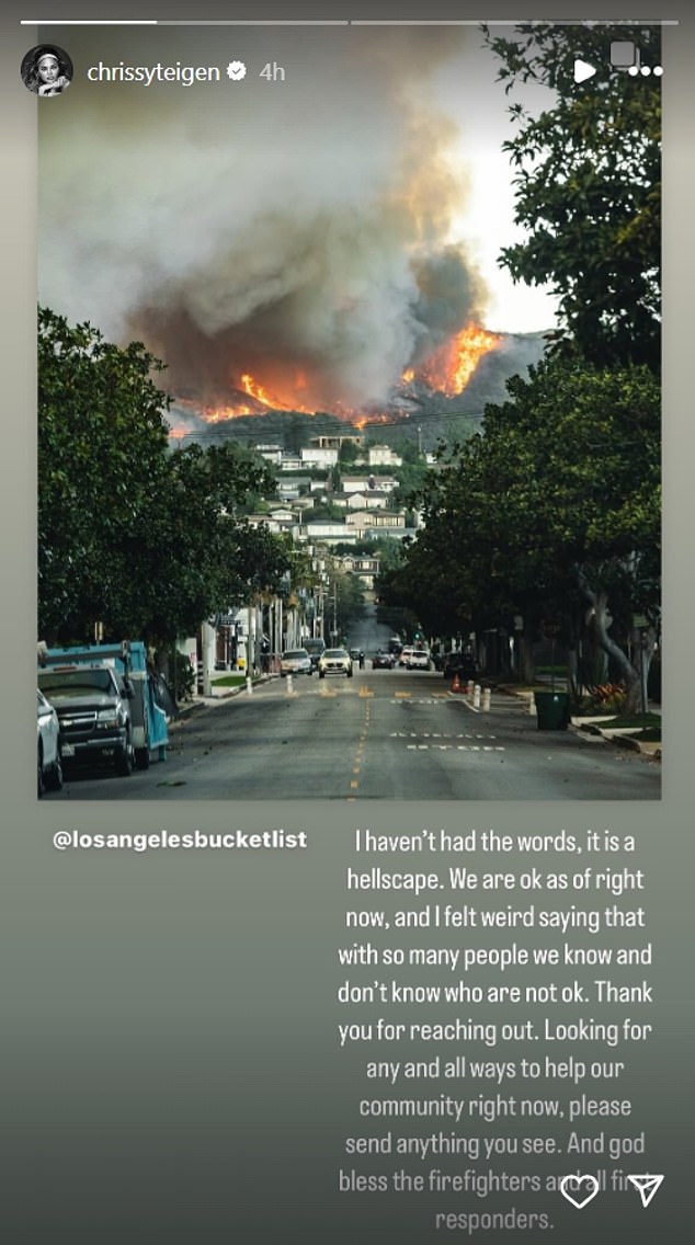 In an earlier post on her Instagram Story, she admitted to being at a loss for words as she described the out-of-control wildfires as a 'hellscape'