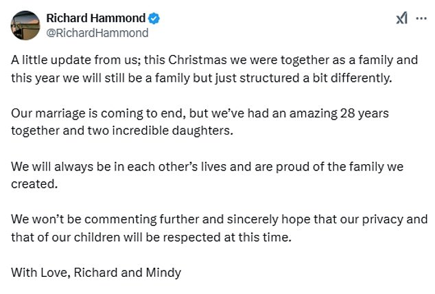 The Top Gear presenter took to X to share the news in a joint statement, sharing that they will 'always be in each other's lives'