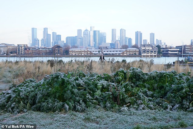 LONDON: A view of the City of London seen from the frost covered riverside near to the Cutty Sark in Greenwich