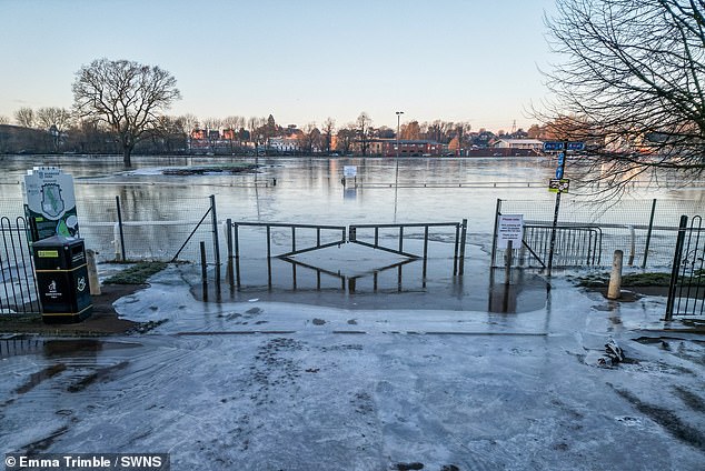 WORCESTER: Frozen floodwater at Pitchcroft Racecourse on Thursday amid the severe weather