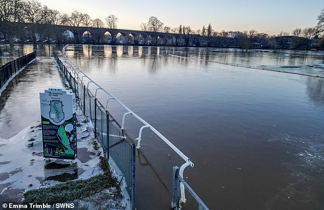 WORCESTER: Frozen floodwater at Pitchcroft Racecourse on Thursday amid the severe weather