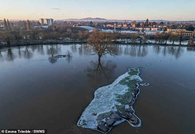 WORCESTER: Frozen floodwater at Pitchcroft Racecourse on Thursday amid the severe weather