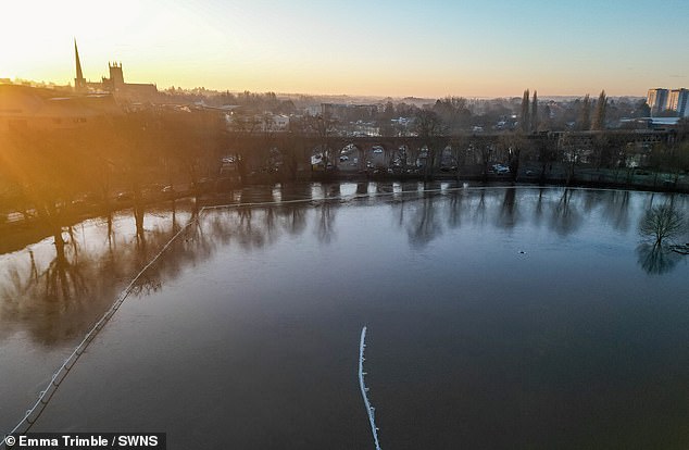 WORCESTER: Frozen floodwater at Pitchcroft Racecourse on Thursday amid the severe weather