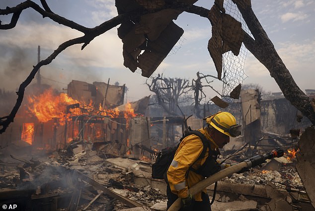 Despite working through the night, firefighters have failed to contain any of the fires that have scorched nearly 25,000 acres of Southern California land; Firefighters pictured putting out the blaze on Wednesday