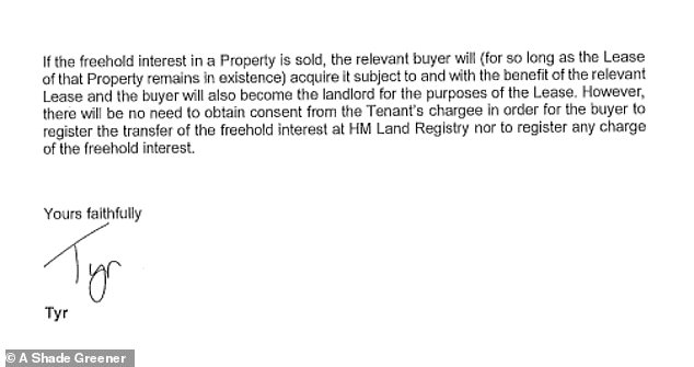 In this letter, which ASG requested MailOnline to publish, it appears to confirm that the solar panel firm took out loans using the airspace above people's homes as collateral. The letter said: '[A Shade Greener] charged its leasehold interest in the Properties (and other assets) as security for the payment of monies and the discharge of obligations owed'