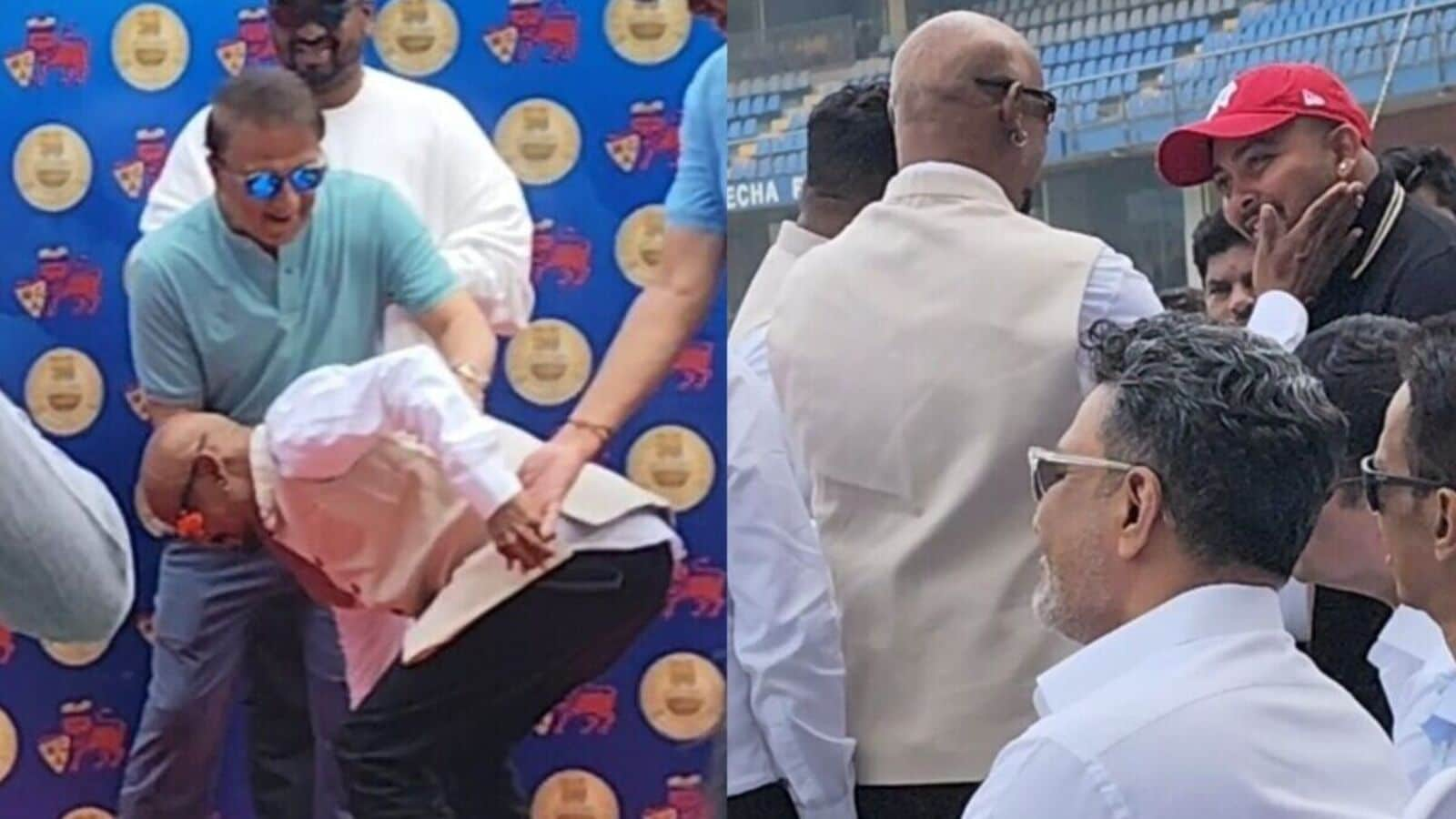 Vinod Kambli touches Sunil Gavaskar's feet (L) and meets Prithvi Shaw during Wankhede Stadium's 50th anniversary event.  