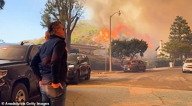 Pictured: Gavin Newsom looks on as a wildfire rages in an affluent area of Los Angeles on January 7. The governor was slammed for this picture, with some claiming it was a photo-op