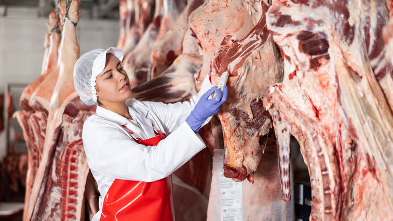 A female worker inspecting meat at a processing factory.