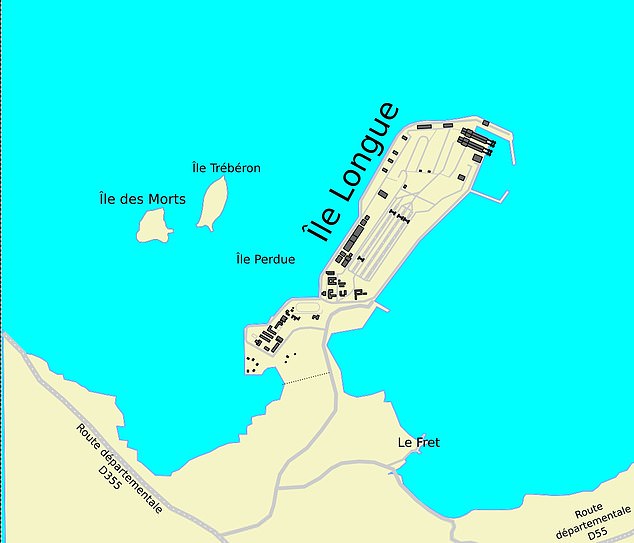 A map of the Ile Longue naval base  near Brest on the west coast of France