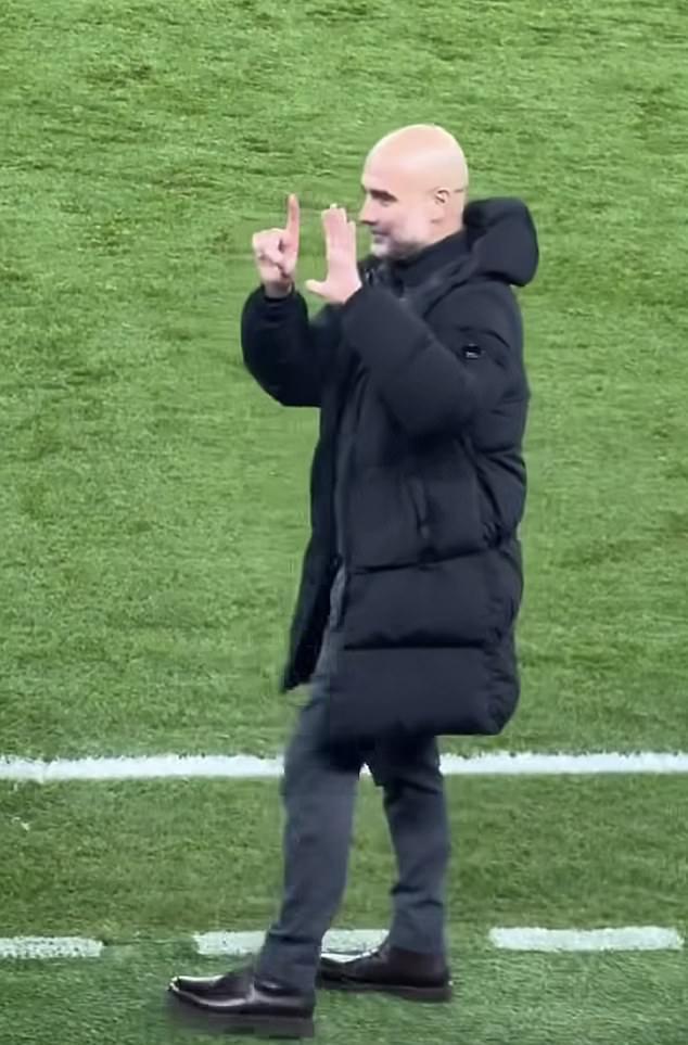 Pep shows six fingers to Liverpool fans - a nod to their league titles - when they were being beaten at Anfield a few months ago