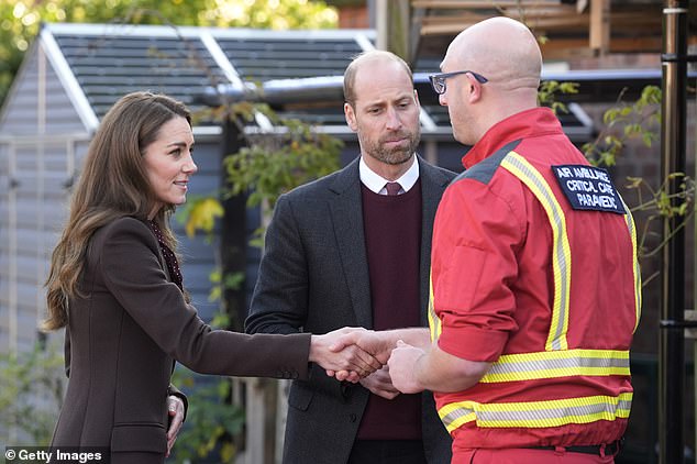 Kate and William meeting one of the emergency services crew who dealt with the aftermath of the knife attack on children in Southport  in July that left three girls dead - the couple's meeting with bereaved families was kept private