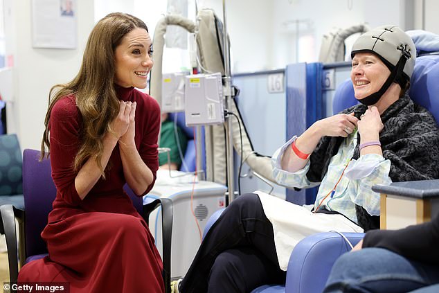 The Princess of Wales talks with patient Katherine Field at the Royal Marsden Hospital today