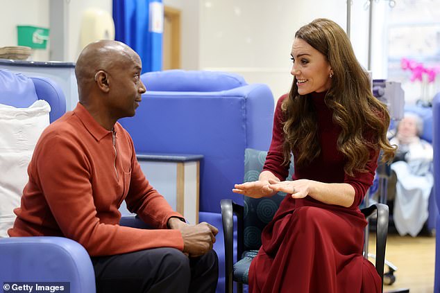 The Princess of Wales talks with patient Peter Burton at the Royal Marsden Hospital today