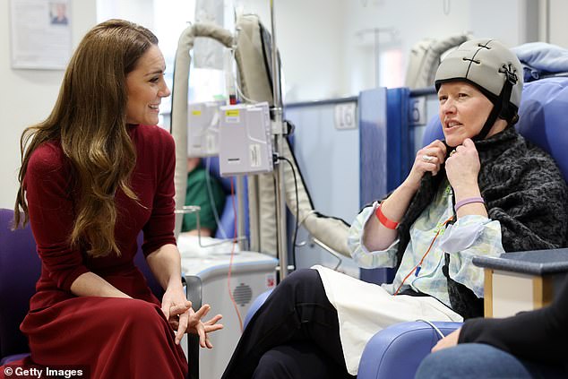 The Princess of Wales talks with patient Katherine Field at the Royal Marsden Hospital today