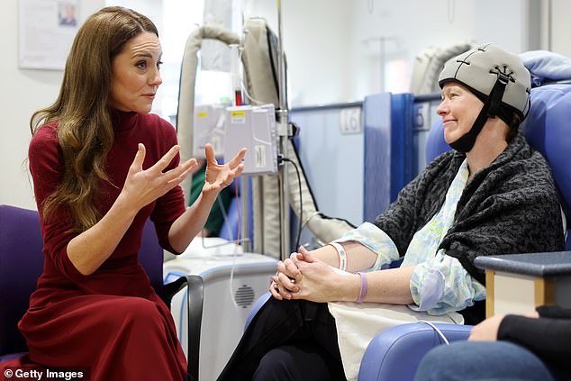 The Princess of Wales talks with patient Katherine Field at the Royal Marsden Hospital today