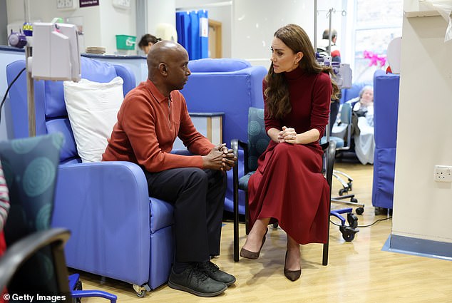 The Princess of Wales talks with patient Peter Burton at the Royal Marsden Hospital today