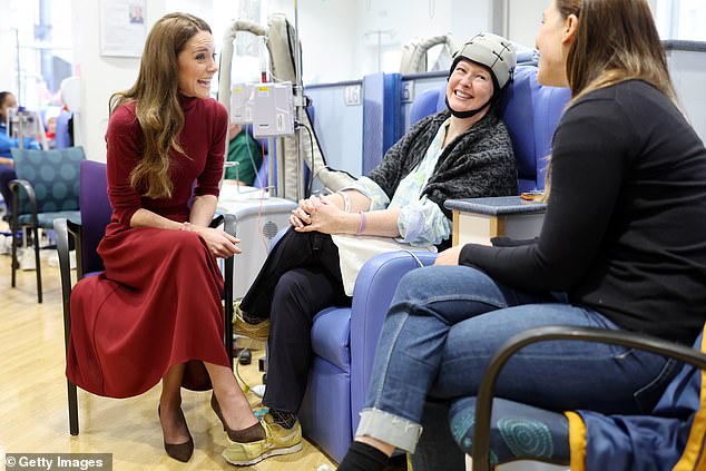 The Princess of Wales talks with patient Katherine Field at the Royal Marsden Hospital today