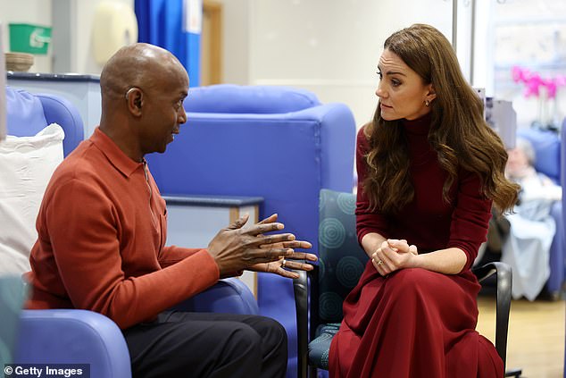 The Princess of Wales talks with patient Peter Burton at the Royal Marsden Hospital today