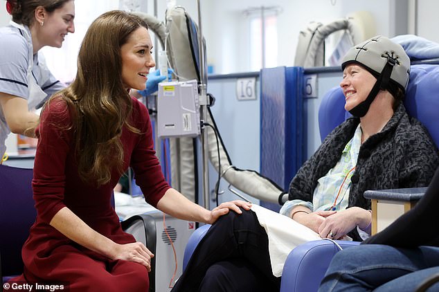 The Princess of Wales talks with patient Katherine Field at the Royal Marsden Hospital today