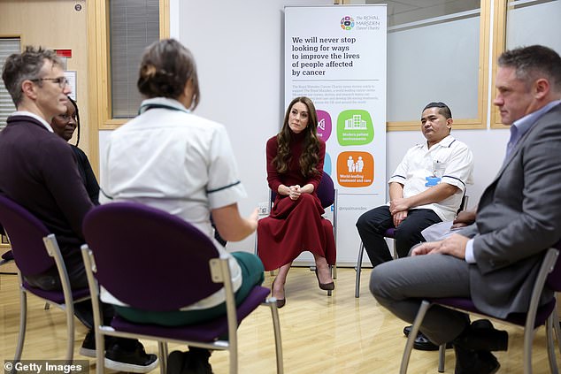 The Princess of Wales talks with members of staff during a visit to the Royal Marsden Hospital